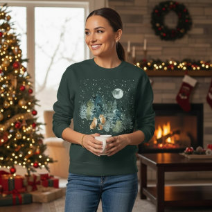 Fox Family in Forest Full Moon Snowfall Trui