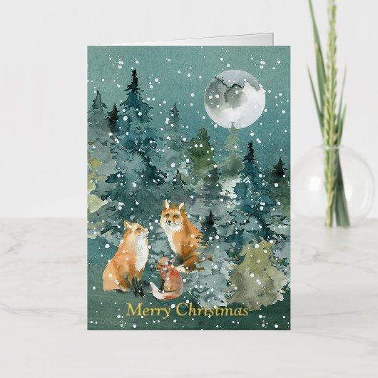 Fox Family in Forest Full Moon Snowfall Waterverf Folie Wenskaart (Voorkant)