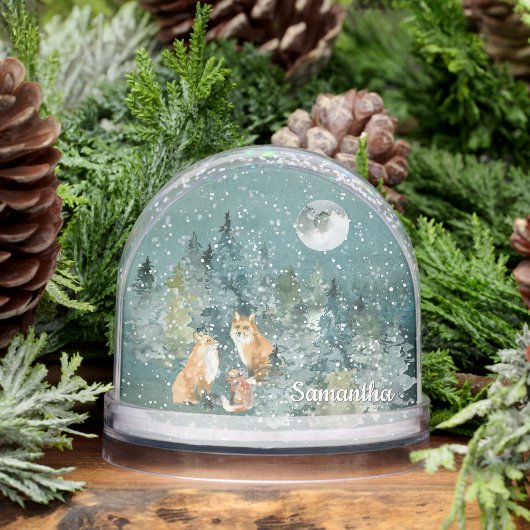 Fox Family in Forest Full Moon Snowfall Waterverf Sneeuwbol (Winter)