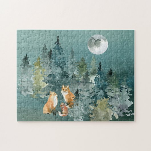 Fox Family in Forest Full Moon Waterverf Legpuzzel (Horizontaal)