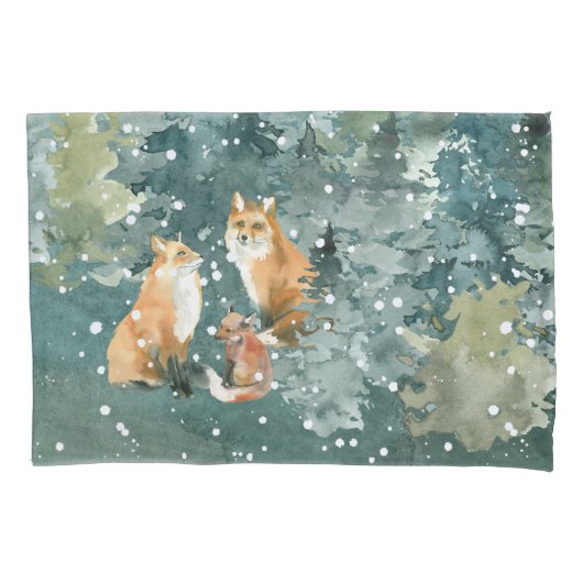Fox Family in Forest Snowfall Kussensloop (Voorkant-Links)