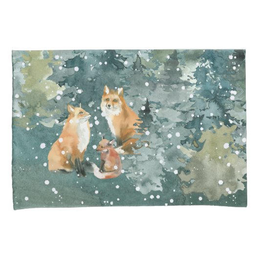 Fox Family in Forest Snowfall Kussensloop (Voorkant-Rechts)