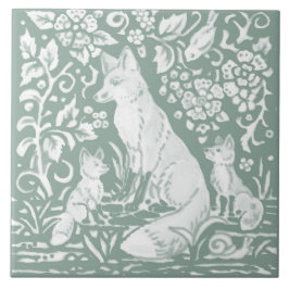 Fox Family Sage Green Woodland Forest Foliage Tegeltje