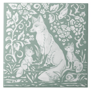Fox Family Sage Green Woodland Forest Foliage Tegeltje