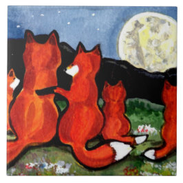 Fox Family Watching Moon Donkerblauw 6" Tegel Triv Tegeltje