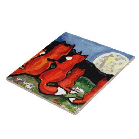 Fox Family Watching Moon Donkerblauw 6" Tegel Triv Tegeltje (Zijkant)