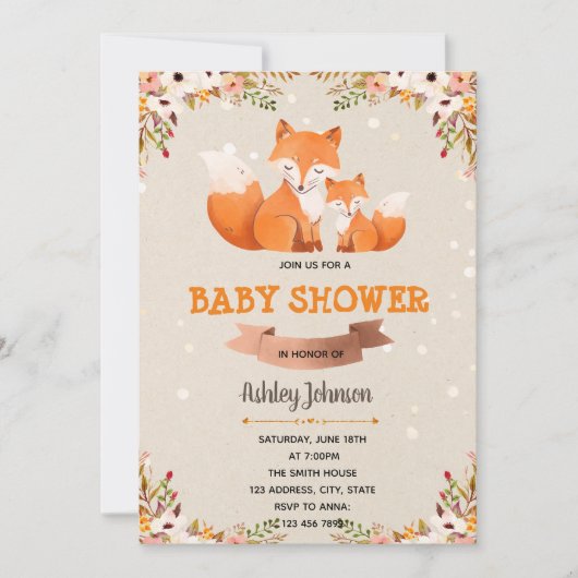 Fox floral baby shower-uitnodiging kaart (Voorkant)