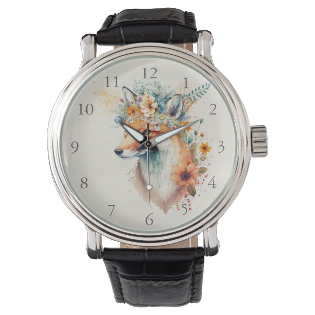 Fox Flower Crown Watercolor                        Horloge (Voorkant)