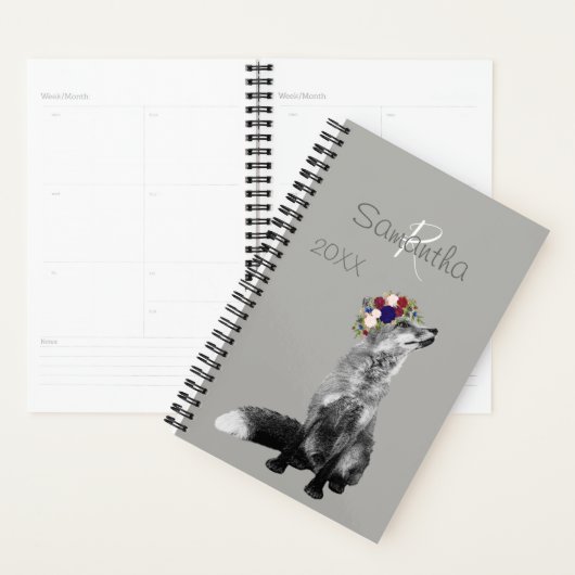 Fox Flower Crown Zwart Wit Dier Monogram Planner (Display)