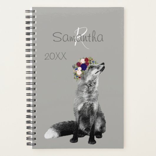 Fox Flower Crown Zwart Wit Dier Monogram Planner (Voorkant)