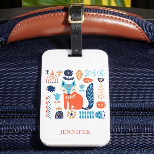 Fox Folk Art Floral Pattern - Gepersonaliseerd | N Bagagelabel (Voorkant Insitu 2)