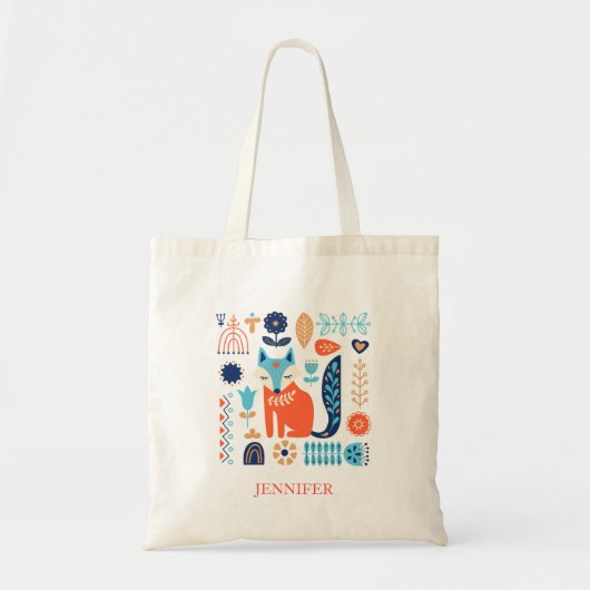Fox Folk Art Floral Pattern - Gepersonaliseerd | N Tote Bag (Voorkant)