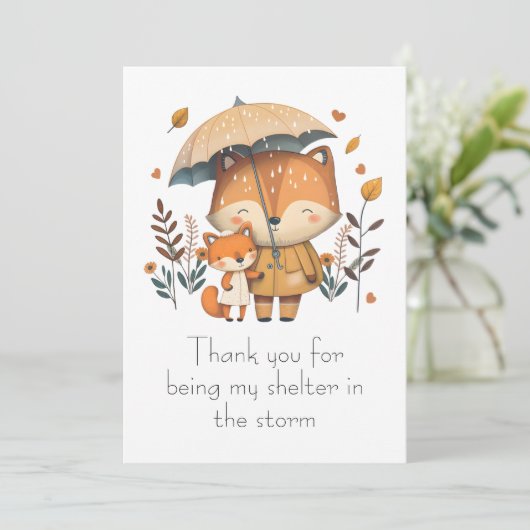 Fox Friends Sharing an Umbrella in the Rainy Day Bedankkaart (Staand voorkant)