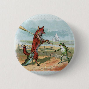 Fox Frog Vist Antiek illustratie Ronde Button 5,7 Cm