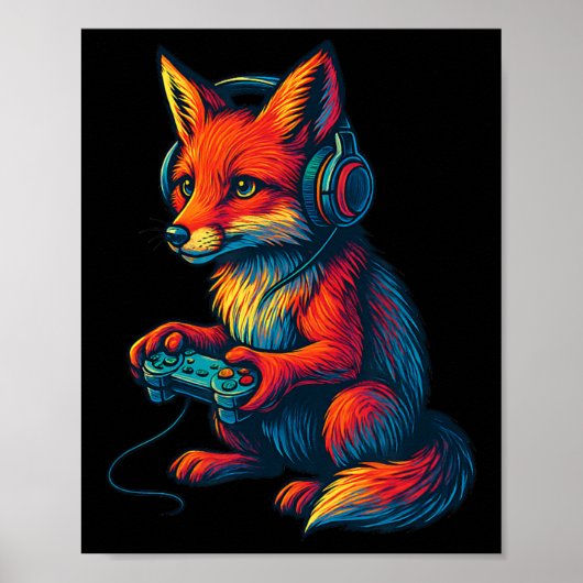 Fox Gaming With Headphones Funny Video Games Gamer Poster (Voorkant)