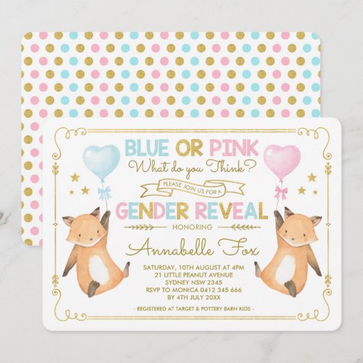 Fox Gender Reveal Baby shower Blue Pink Gold Kaart (Voorkant / Achterkant)
