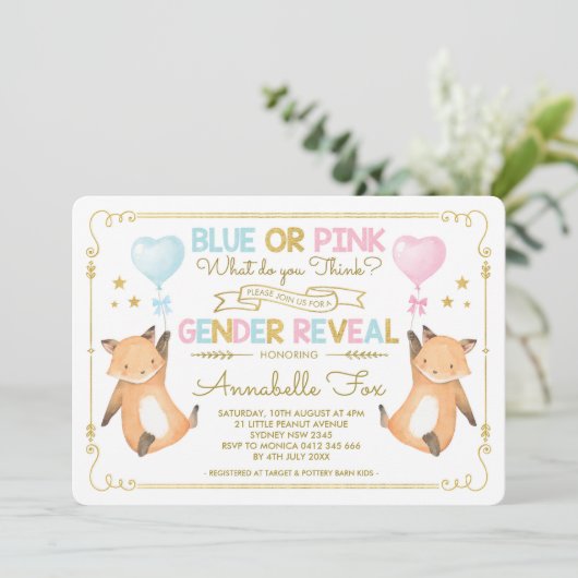 Fox Gender Reveal Baby shower Blue Pink Gold Kaart (Staand voorkant)