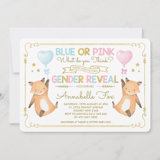 Fox Gender Reveal Baby shower Blue Pink Gold Kaart (Voorkant)