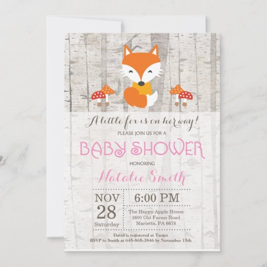Fox Girl Baby shower Invitation Rustic Woodland Kaart (Voorkant)