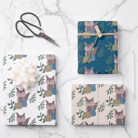 Fox Herfst Pompoenen Blauw Beige Boho Inpakpapier Vel (Voorkant)