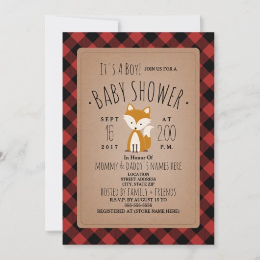 Fox houthakker Plaid Baby shower Invitation Kaart (Voorkant)