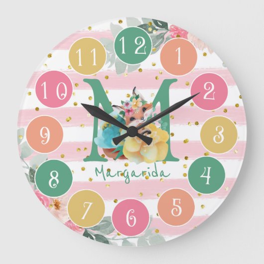 Fox Illustratie van Cute Fox Sweet Monogram Large Grote Klok (Voorkant)