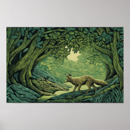 Fox in a forest with woodcut textures poster