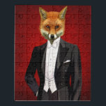 Fox in de Eeuwige Suit, portret Puzzel<br><div class="desc">Fox in Evening Suit,  portret van Fab Funky. Biedt een goed geklede vos tegen een rode achtergrond. | 190731D</div>