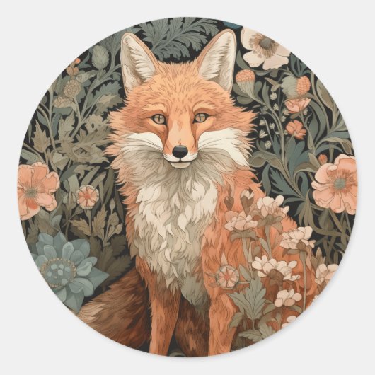 Fox in de herfsttuin William Morris Style Ronde Sticker (Voorkant)