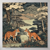 Fox in japans landschap poster (Voorkant)