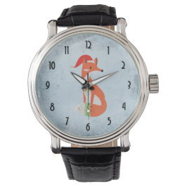 Fox in kerstPet op blauwe grijze  achtergrond Horloge