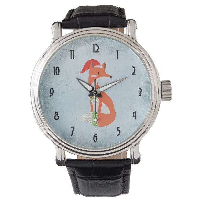 Fox in kerstPet op blauwe grijze  achtergrond Horloge (Voorkant)