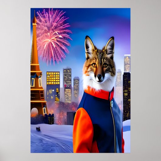 Fox in uniform en vuurwerk | AI Art Poster (Voorkant)