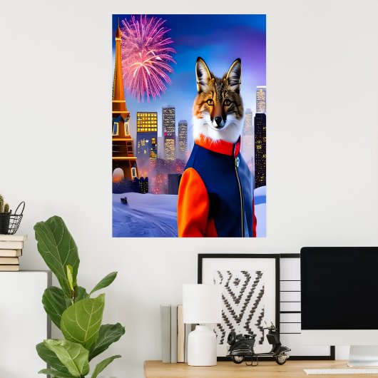 Fox in uniform en vuurwerk | AI Art Poster (Thuiskantoor)