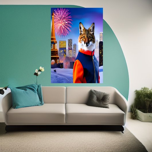 Fox in uniform en vuurwerk | AI Art Poster