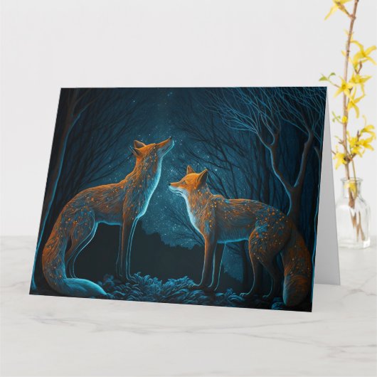 Fox koppel in het bos met maanlicht. Kaart (Gele Bloem)