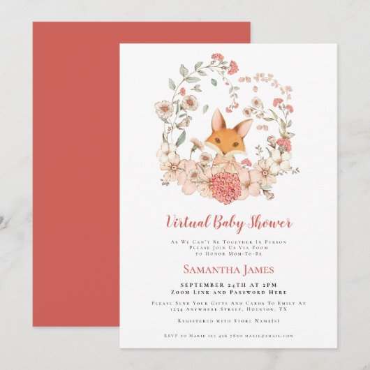 Fox  koraal Foliage Virtual Baby shower Kaart (Voorkant / Achterkant)