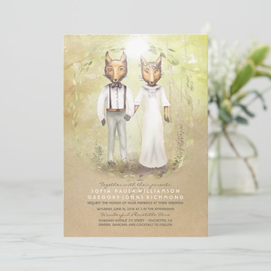 Fox Love Rustic Woodland Huwelijksuitnodigingen Kaart (Staand voorkant)