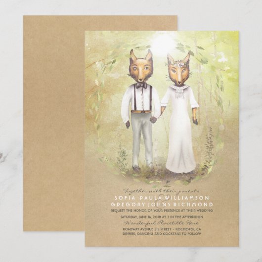 Fox Love Rustic Woodland Huwelijksuitnodigingen Kaart (Voorkant / Achterkant)
