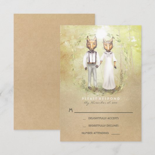 Fox Love Wedding RSVP Kaarten (Voorkant / Achterkant)