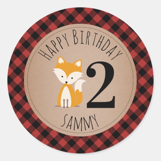 Fox Lumberjack Plaid Baby Verjaardag Ronde Sticker (Voorkant)