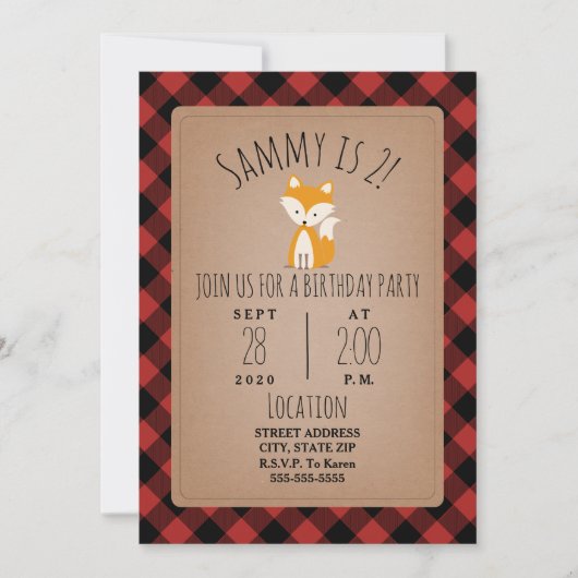 Fox Lumberjack Plaid Verjaardagsfeest Kaart (Voorkant)