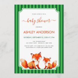 Fox Mama and Baby Shower Green Stripes Cute Kaart