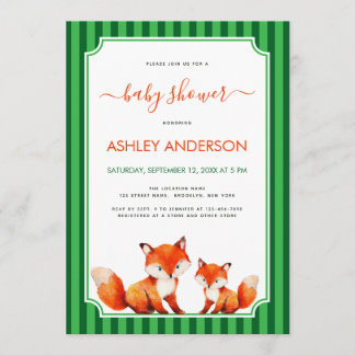 Fox Mama and Baby Shower Green Stripes Cute Kaart
