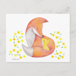 Fox mama Baby Briefkaart Red Fox Waterverf Art Car