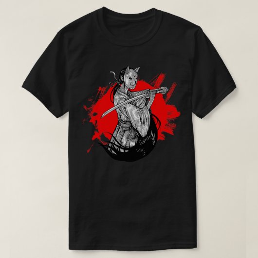 Fox masker samurai girl afbeelding op rode achterg t-shirt (Design voorkant)