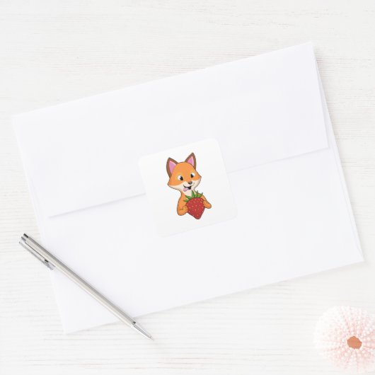 Fox met aardbei vierkante sticker (Envelop)