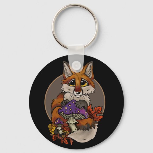 Fox met Autumn Toadstools Button Sleutelhanger (Voorkant)