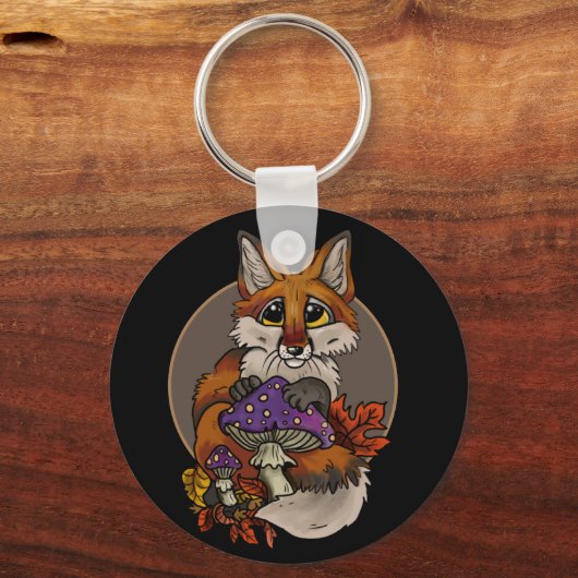 Fox met Autumn Toadstools Button Sleutelhanger (Voorkant)