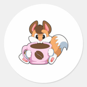 Fox met beker koffie ronde sticker